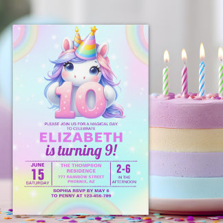 Convite Magical Unicorn 10th Birthday for Girls