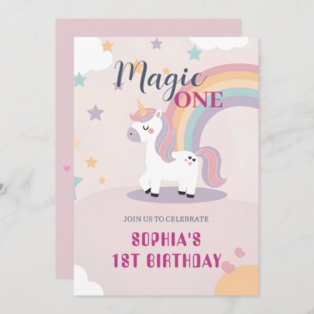 Convite Magical Unicorn 1st Birthday (Frente/Verso)