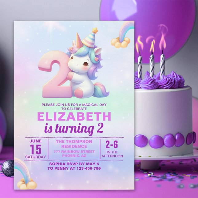 Convite Magical Unicorn 2nd Birthday Invitation for Girls (Criador carregado)