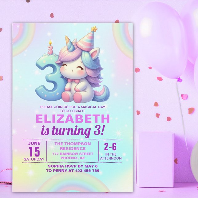 Convite Magical Unicorn 3rd Birthday Invitation – Rainbow  (Criador carregado)