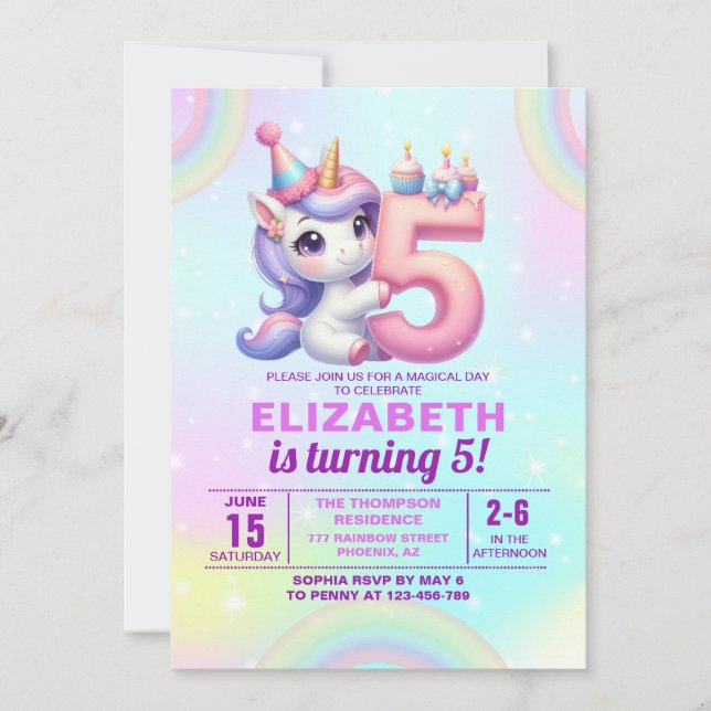 Convite Magical Unicorn 5th Birthday – Rainbow theme (Frente)