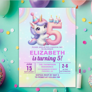 Convite Magical Unicorn 5th Birthday – Rainbow theme
