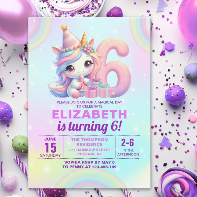 Convite Magical Unicorn 6th Birthday – Rainbow (Criador carregado)