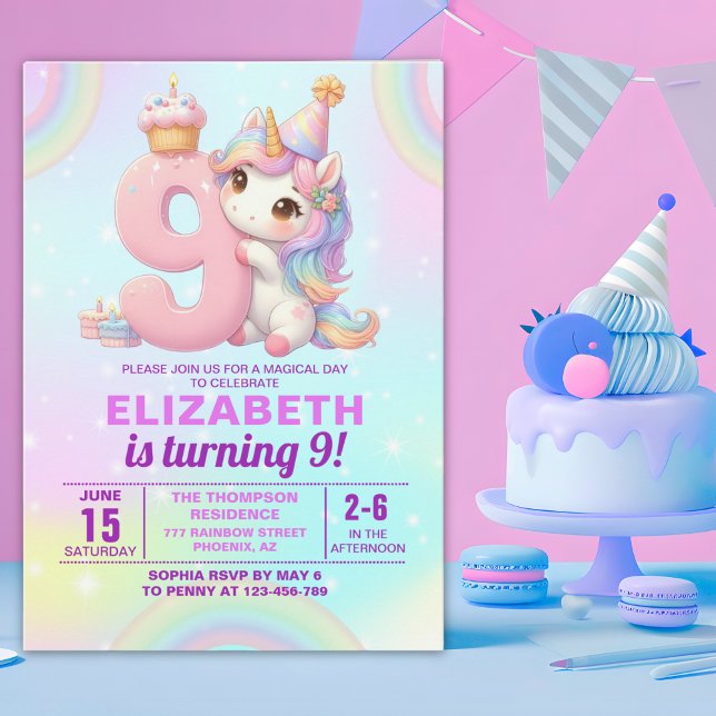 Convite Magical Unicorn 9th Birthday for Girls (Criador carregado)
