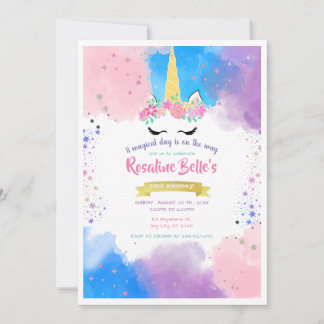 Convite Magical Unicorn Gold Birthday Party for Girl