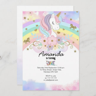 Convite Magical Unicorn Rainbow 1st Birthday Invitation