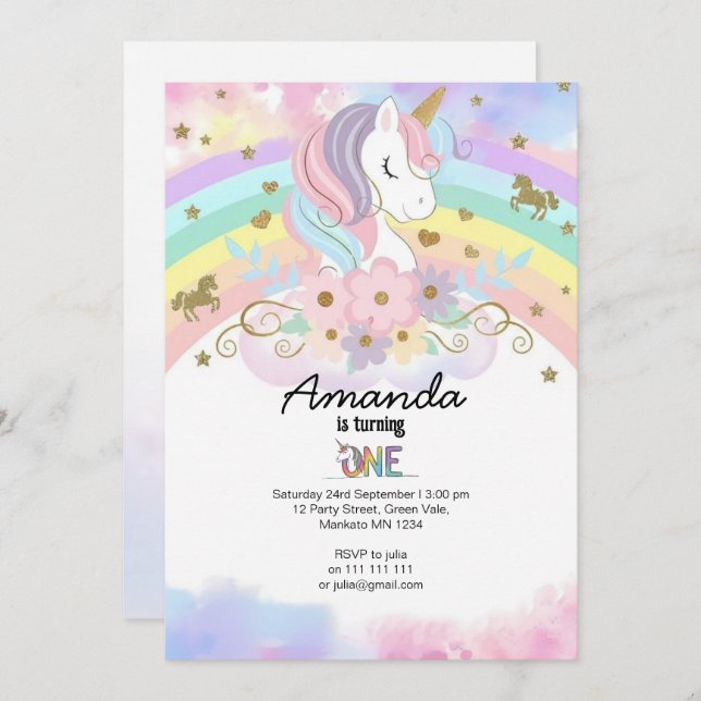 Convite Magical Unicorn Rainbow 1st Birthday Invitation (Frente/Verso)