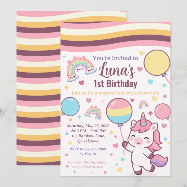 Convite Magical Unicorn & Rainbow Girl 1st Birthday party (Frente/Verso)