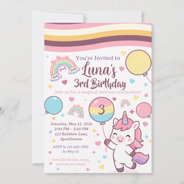 Convite Magical Unicorn & Rainbow Girl Third Birthday  (Frente)