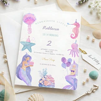 Convite Magical Watercolor Mermaid 2nd Birthday 