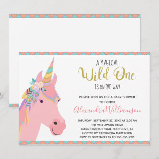 Convite Magical Wild One Unicorn Pink Dourado Chá de frald