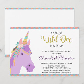Convite Magical Wild One Unicorn Purple Dourado Chá de fra