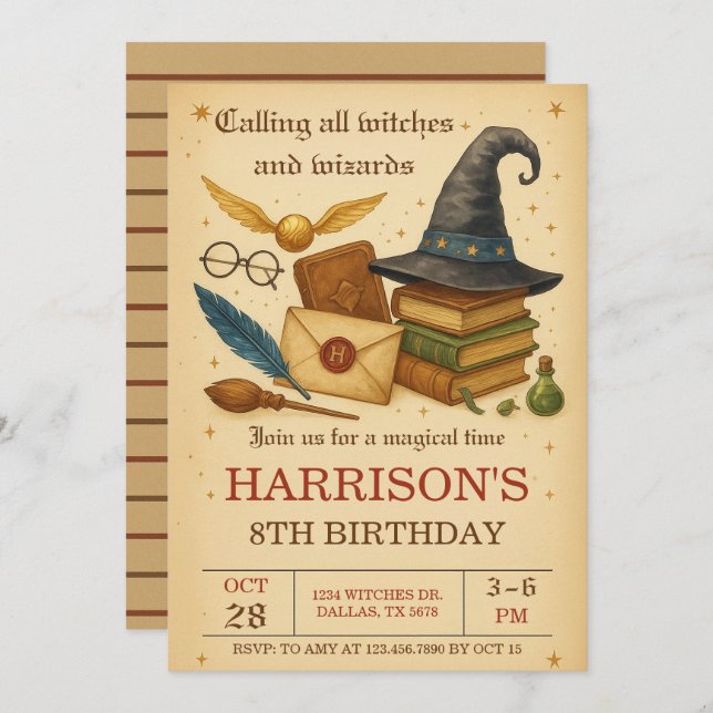 Convite Magical Wizard and Witches Birthday (Frente/Verso)