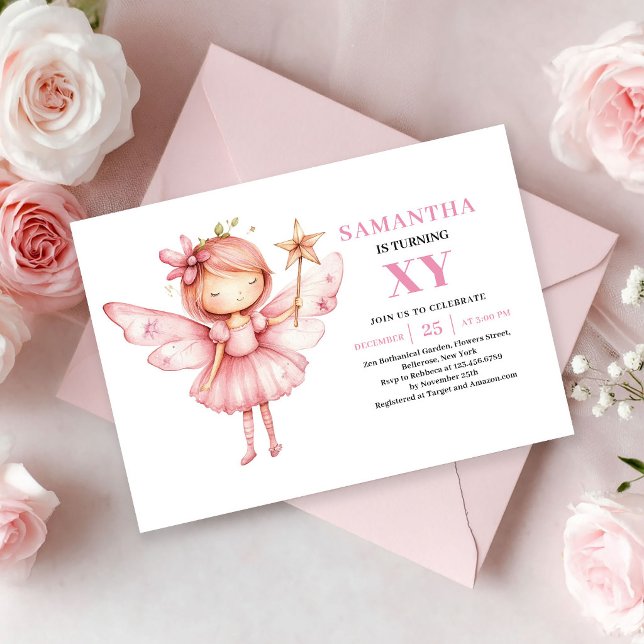 Convite Mágico Rosa para o 8º Aniversário da Menin (Cute Fairy Girl 8th Birthday Magical Pink invitation)