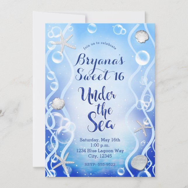 Convite Mágico Sob O Mar Azul Fade Doce 16 Aniversário (Frente)