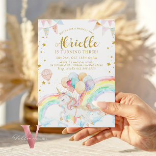 Convite Mágico Unicórnio Pastel Rainbow Dourado Glitter Bd