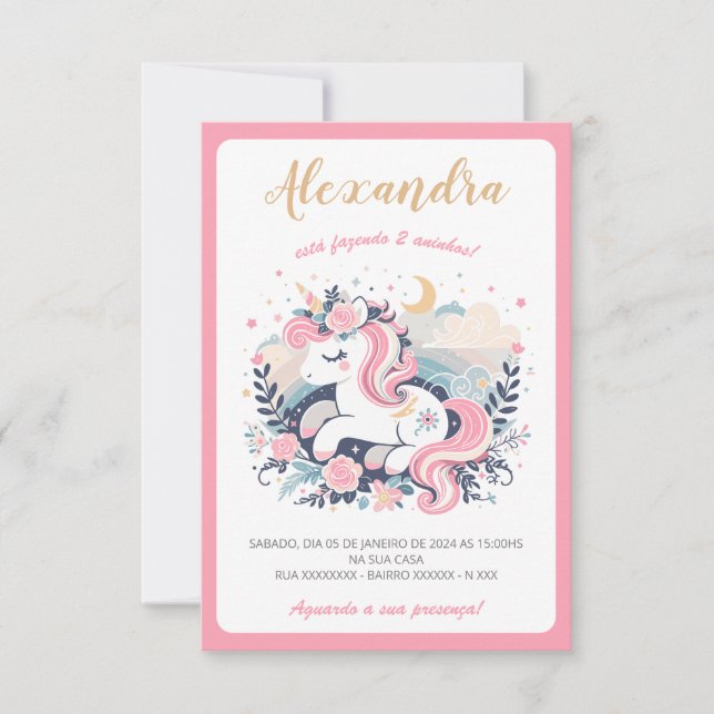 Convite Mágico Unicórnio Rosa em Português (Frente)