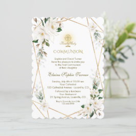 Convite Magnésia Branca Elegante Primeira Comunhão Dourada