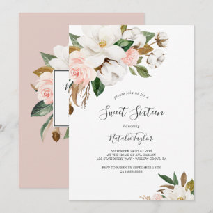 Convite Magnésia Elegante  Branco e Blush Doce Dezesseis
