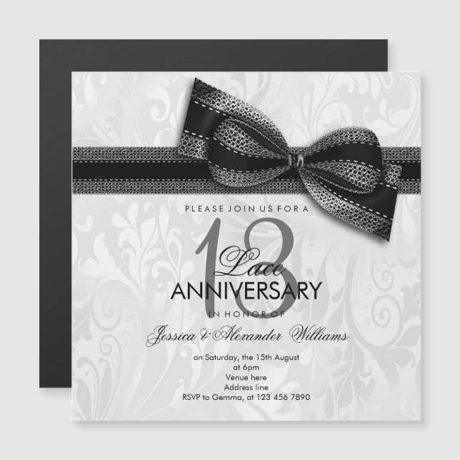 Convite Magnético 13º Aniversário de Casamento com Renda Damasko e A (Frente/Verso)