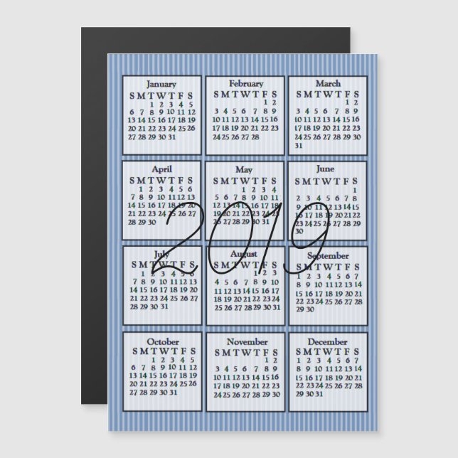 Convite Magnético 2019 Calendar Magnet Blue and White Stripes (Frente/Verso)