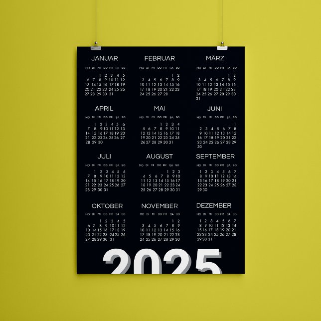Convite Magnético 2025 Kalender Deutsch Preto E Branco (2025 Kalender Deutsch Black And White Magnetic Invitation)