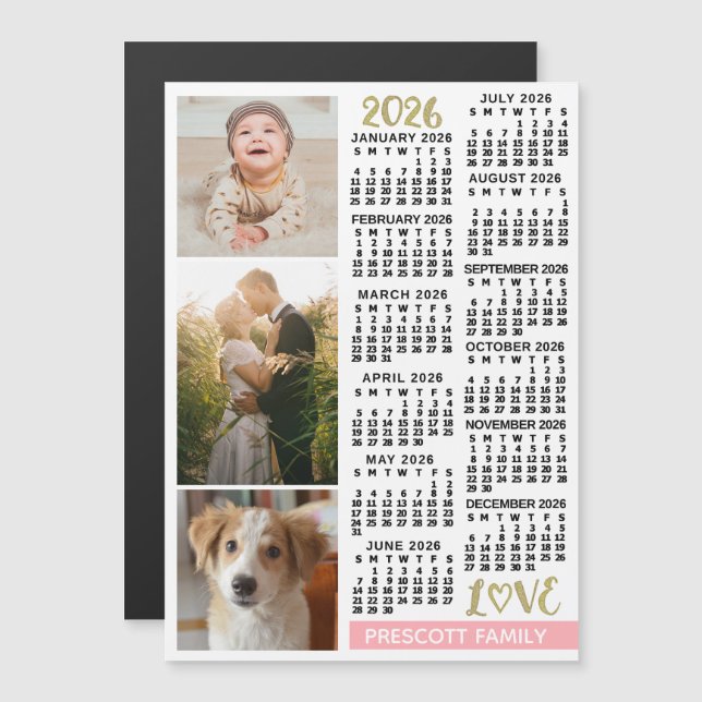 Convite Magnético 2026 Calendar Blush Pink Gold Custom Family Photos (Frente/Verso)