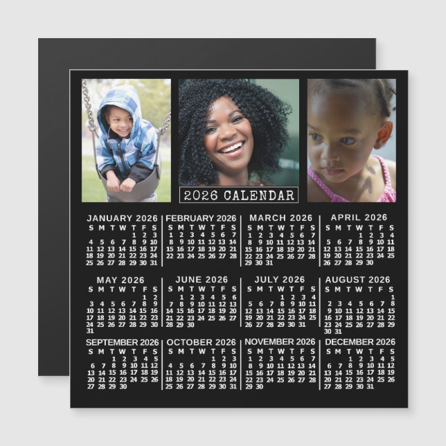 Convite Magnético 2026 Calendar Year Black | 3 Custom Photo Collage (Frente/Verso)