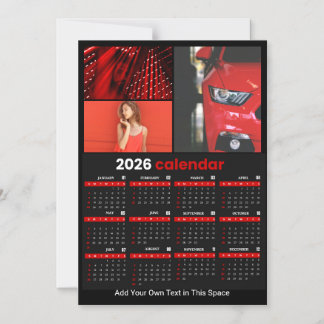 Convite Magnético 2026 Year Calendar Black Red Personalized Photo