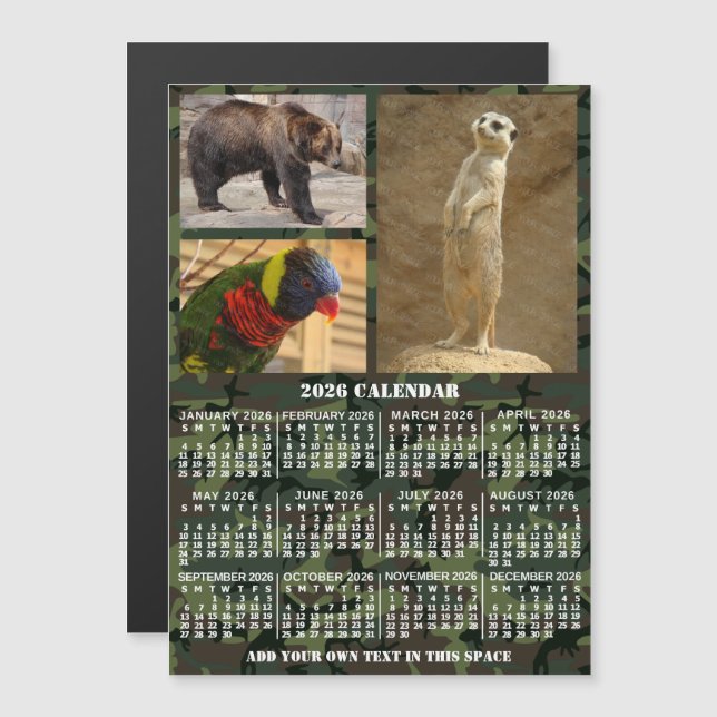 Convite Magnético 2026 Year Calendar Camouflage Add 3 Custom Photos (Frente/Verso)