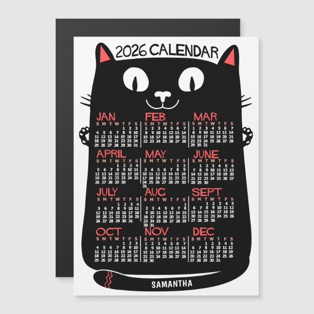 Convite Magnético 2026 Year Calendar Mid-Century Black Cat Monthly (Frente/Verso)