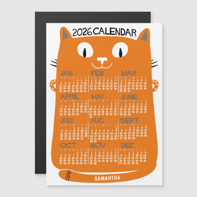 Convite Magnético 2026 Year Calendar Mid-Century Orange Cat Monthly (Frente/Verso)