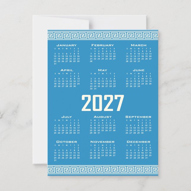 Convite Magnético 2027 Calendar, Greek Fret, Cosmic Latte on Blue (Frente)