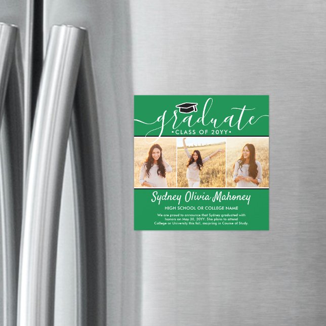Convite Magnético 3 Anúncio de Graduação Magnética Verde de Foto (Criador carregado)