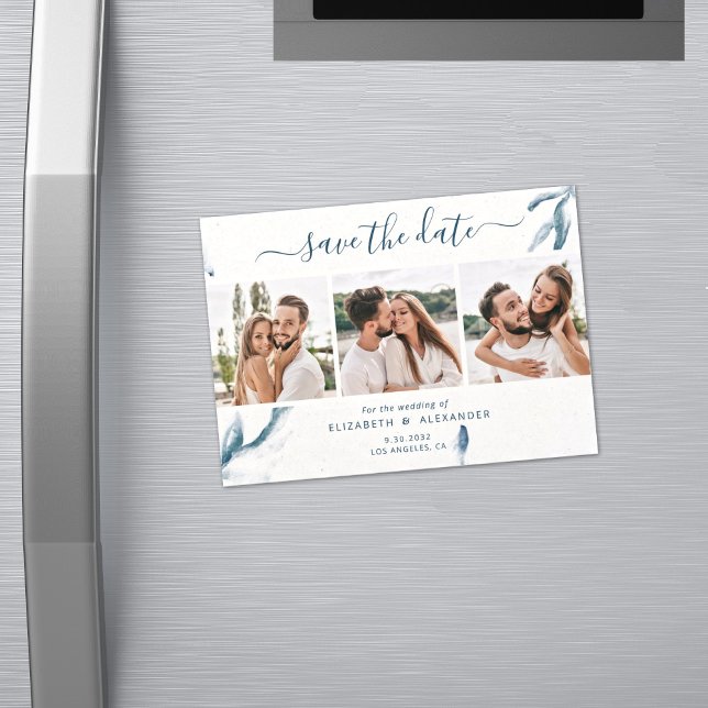 Convite Magnético 3 foto elegante azul aquarela simples casamento (Criador carregado)