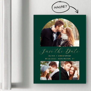Convite Magnético 3-Photo Arco Esmeralda Verde Dourado Save the Date