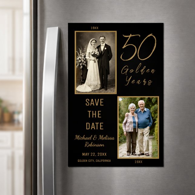 Convite Magnético 50 anos de Ouro Economize a placa magnética fina d (Elegant 50th anniversary magnet displayed beautifully on a kitchen fridge.)