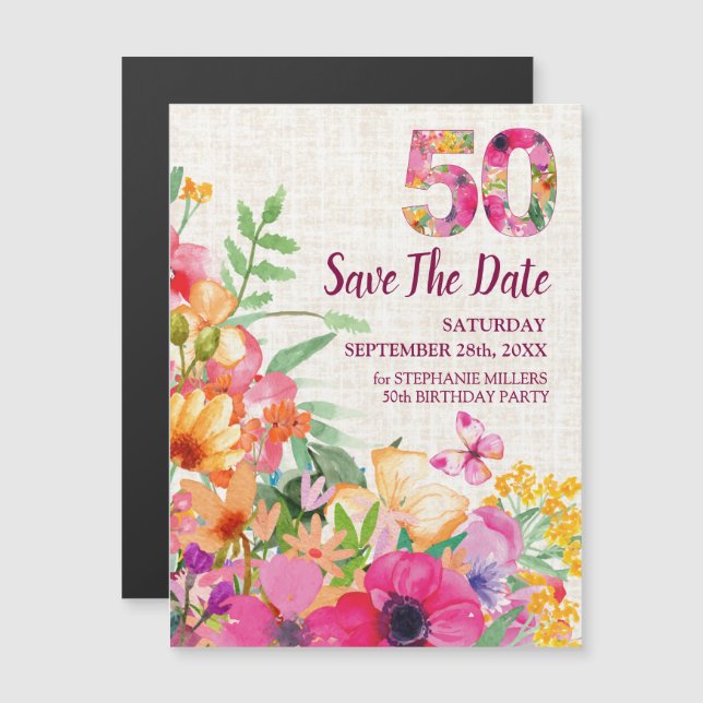 Convite Magnético 50 anos Floral Linen 50º aniversário Salve a data (Frente/Verso)