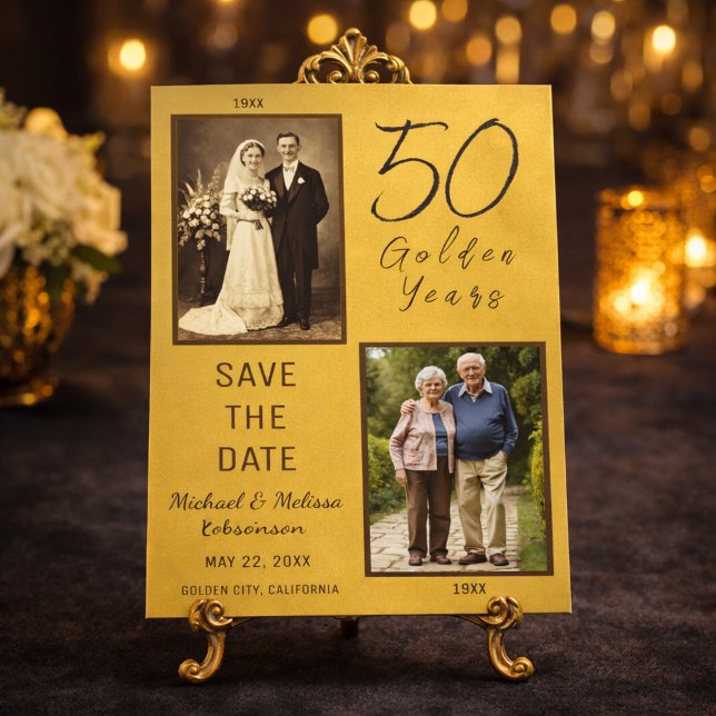 Convite Magnético 50 Golden Years Save the Date Gold Magnetic Card (Elegant gold 50th anniversary save the date displayed on luxury easel)
