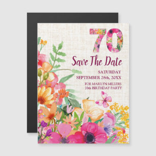 Convite Magnético 70 anos Floral Linen 70 Birthday Salvar a data