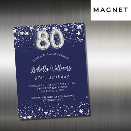 Convite Magnético 80 marinho aniversário estrelas de prata azul luxo
