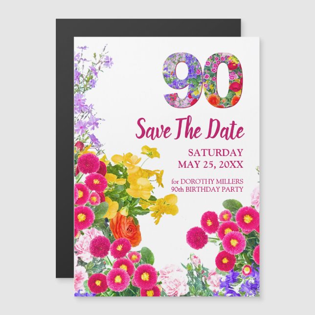 Convite Magnético 90 Birthday Floral Save Date - Elegante (Frente/Verso)