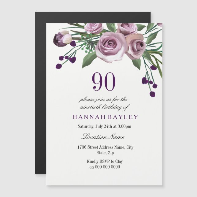 Convite Magnético 90 Birthday Invite: Elegante Plum Purple Rosa (Frente/Verso)