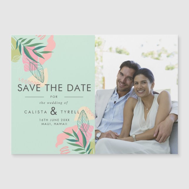 Convite Magnético Abstrato Tropical Mint & Pink Photo Save The Date  (Frente)