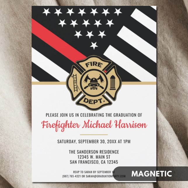 Convite Magnético Academia de Bombeiros Bandeira Linha Vermelha Form (Firefighter Fire Academy Red Line Flag Graduation Magnetic Invitation)