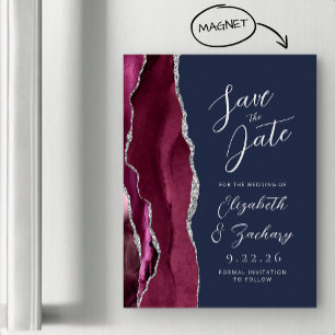 Convite Magnético Ágata Borgonha Prata Azul Casamento Salve a Data