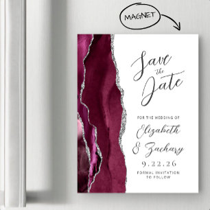 Convite Magnético Agate Burgundy Silver Script Salvar Data