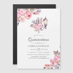 Convite Magnético Água-forte floral rosa tema Paris Quinceañera