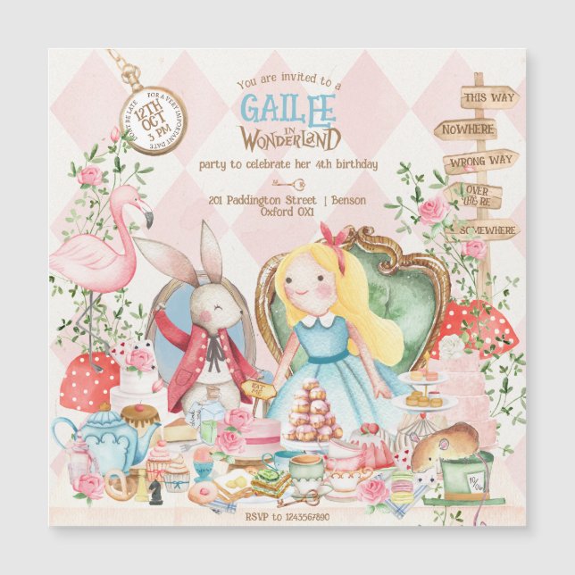 Convite Magnético Alice Adventures em Woderland Birthday Tea Party (Frente)