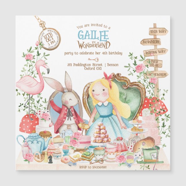 Convite Magnético Alice Adventures em Woderland Birthday Tea Party (Frente)